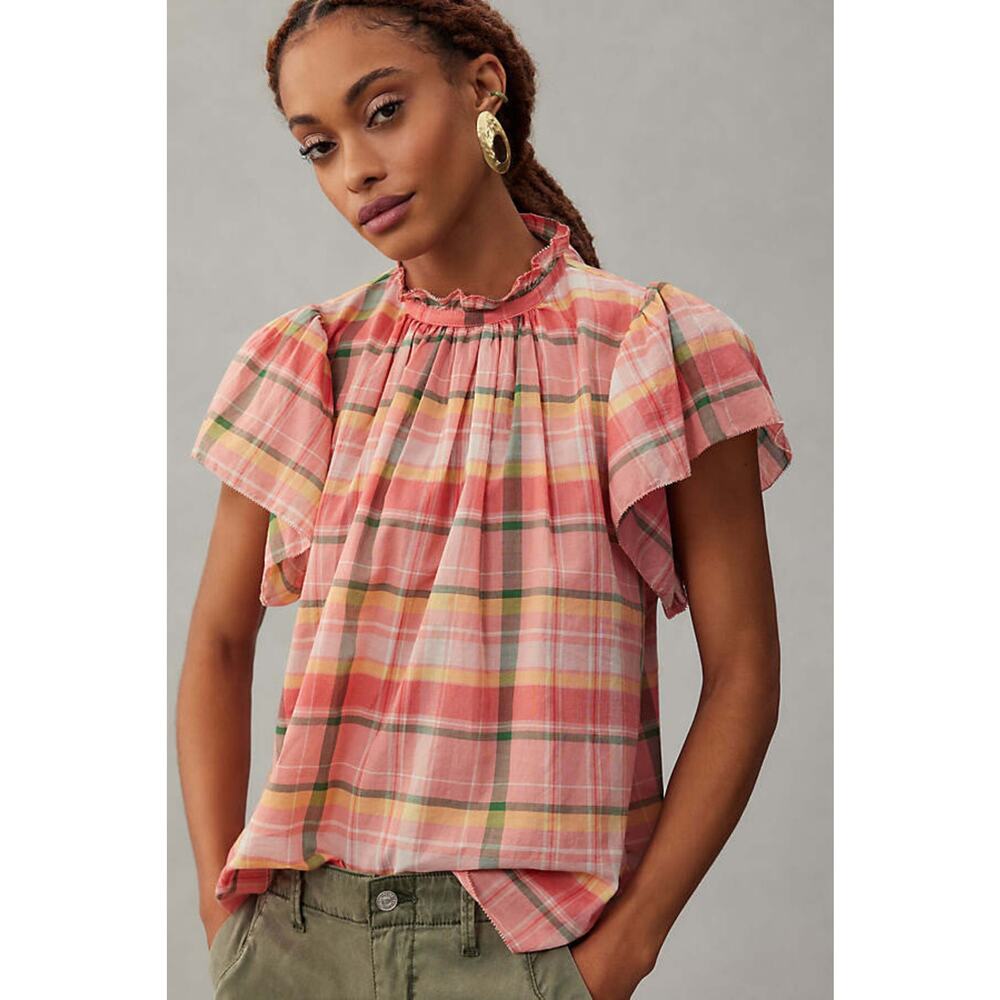 Trovata Birds of Paradis 100% Cotton Pink Carla Plaid Highneck Blouse Size XS